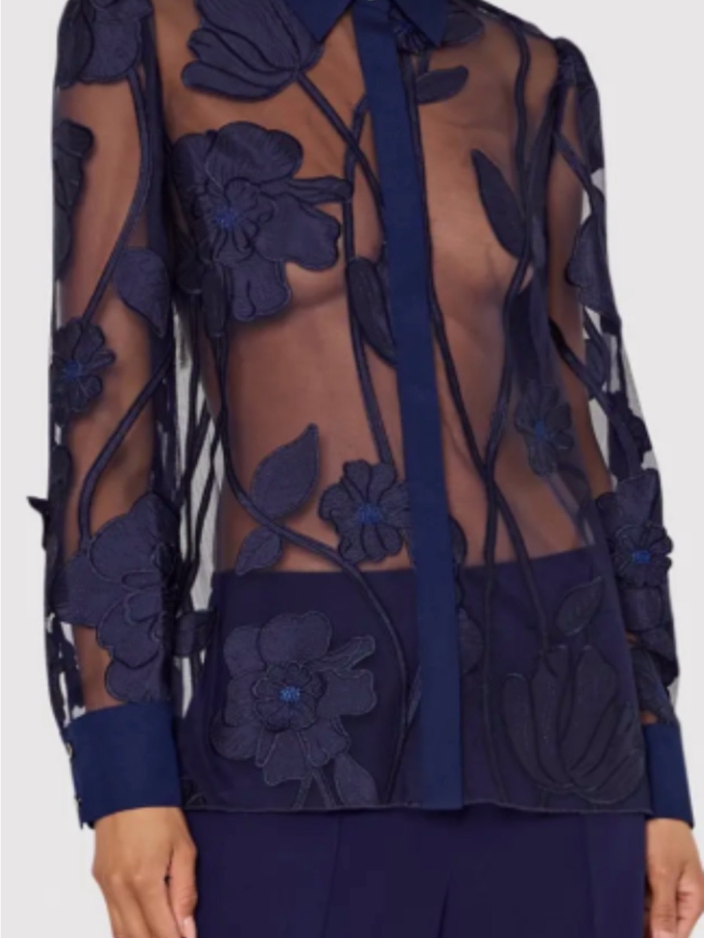 Milly Navy Sheer Floral Appliqué Button-Down Blouse